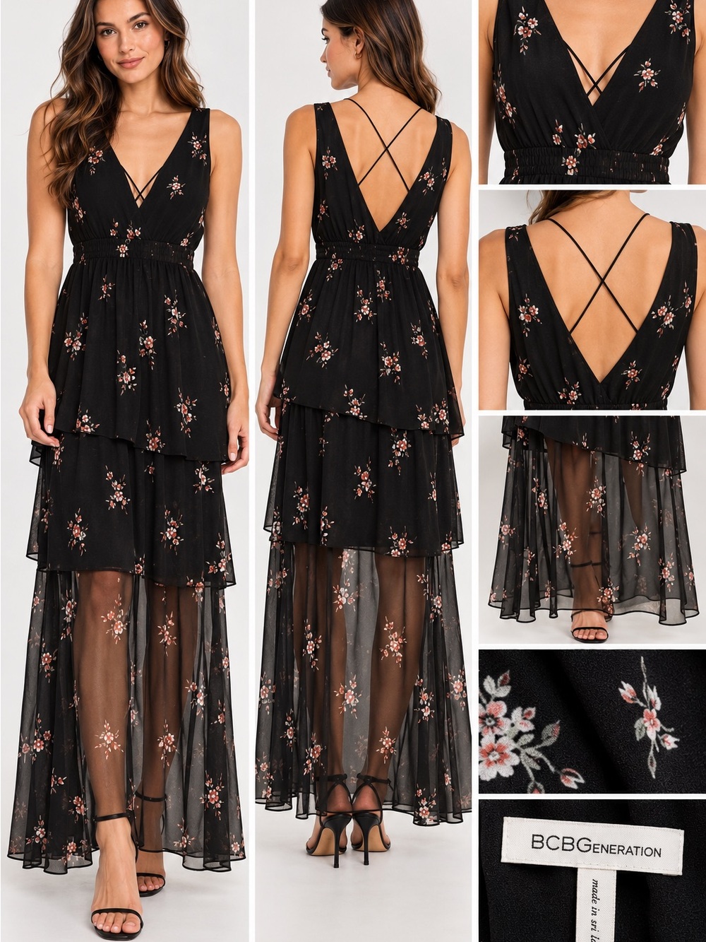 BCBGeneration Black Maxi Dress with Pink Floral Print